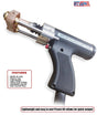 A black/silver IWT-A3 Clutch Lift Gun, 60VDC (1-EQ500009A3-60V) with comfort grip handle for drawn arc welding. Metal parts and cables are visible at the top. Features in a red box and a PROUDLY MADE IN THE USA flag logo are shown.