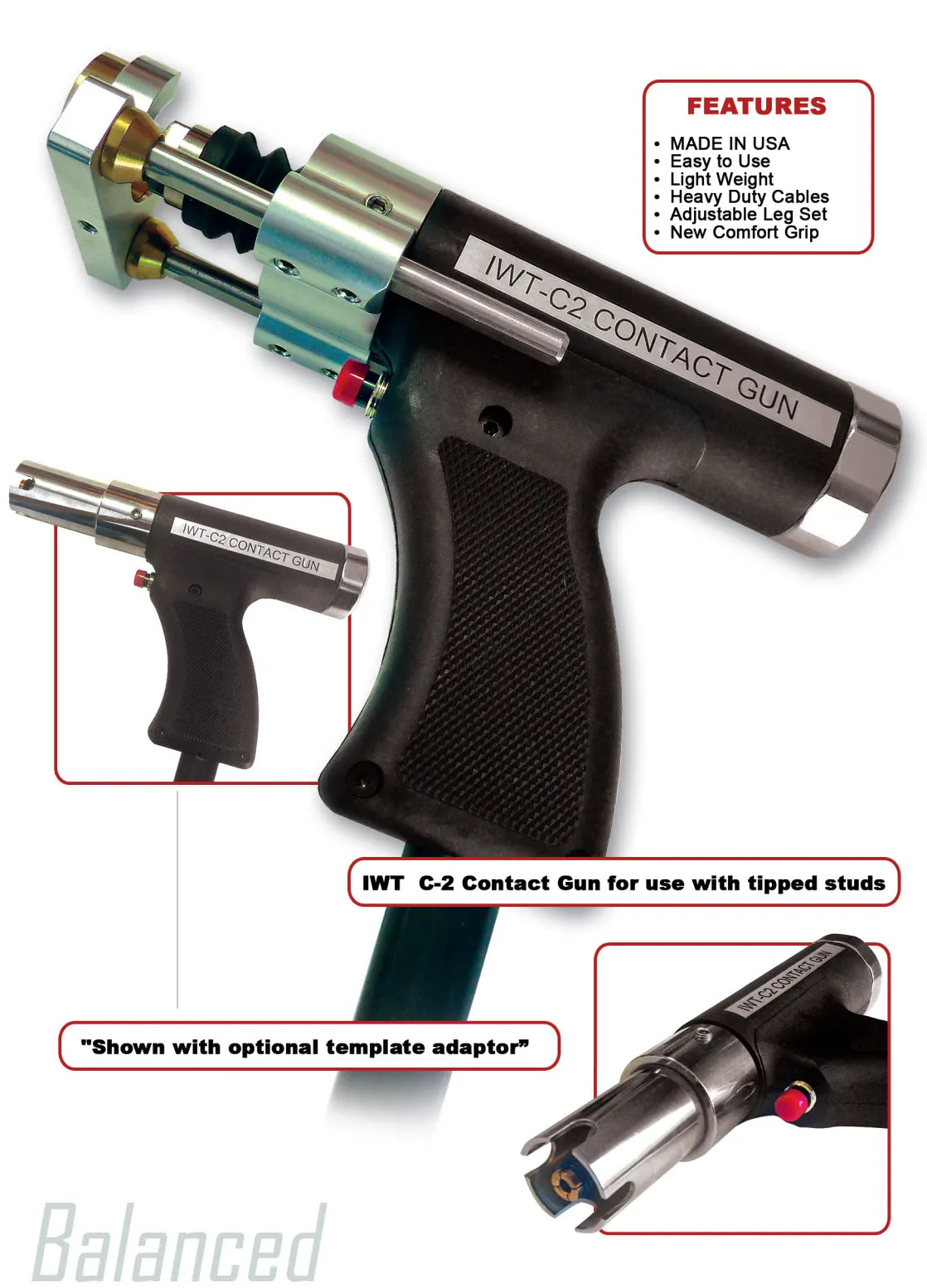 The IWT-C2 Contact Gun - 1-EQ500009C2 is a black and metallic, USA-made weld stud gun with a pistol grip, sturdy build, and labels for tipped studs. Shown from multiple angles, it’s heavy-duty and easy to use.