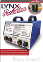 A blue and white IWT LYNX Freedom Battery System (1/2” capacity) - 1-IWT500057 arc stud welder with two black handles, control panel, and cable ports. Close-up shows welded studs and highlights its eco-friendly LIFEPO4 batteries.