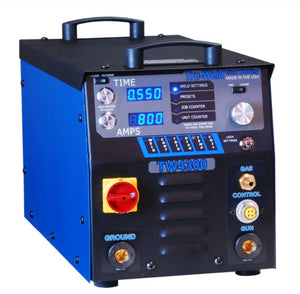 The TruWeld TW4300 1/2 Stud Welding System (Power Supply Only) features a blue and black design, digital display (showing 0.550 and 8000), red power switch, control knobs, labeled ports, toggle switches, and a top handle—ideal for drawn arc welding.