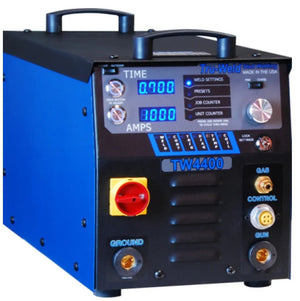 TruWeld TW4400 5/8" Stud Welding System with blue-black case, LED display, TIME/AMPS dials, and welding control connectors.
