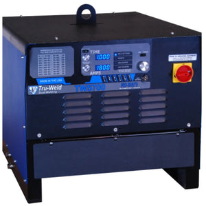The TruWeld TW5700 7/8 Stud Welding System (Power Supply Only) is a black and blue unit featuring a digital control panel showing “TIME” and “AMPS,” various switches and buttons, vented front, warning label, and red emergency stop button.