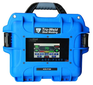 TruWeld ACE-P100 Pin Welder case with digital display, controls, and logo—premium welding tool for stainless steel stud welding.