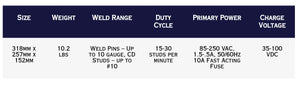 TruWeld ACE-P100 Pin Welder chart: compact size, welds #10 stainless studs, 15-30/min; top welding tool at WeldingMart.