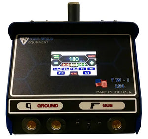TruWeld TWi-250 1/4″ Capacitor Discharge Welder with 180V panel, ground/gun sockets, US flag, and “MADE IN THE USA” front.