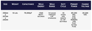 TruWeld TWi-250 Capacitor Discharge Welder specs chart: size, weld range, duty cycle, power, voltage for steel stud welding.