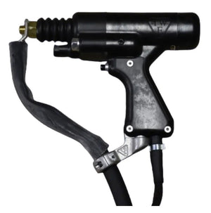 TruWeld TWE17000 Heavy Duty Stud Gun for welding, with textured handle, trigger, metallic nozzle, and two black welding hoses.