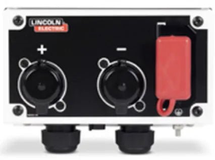 Lincoln 330 MPX Weld & Battery Assist Panel K5641-1 with terminals, Remote Cable port, and red safety cover—welding equipment.