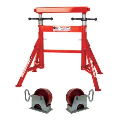 Mathey B&B Height Adjustable Pipe Roller 4375 with steel wheels, foldable legs, dual red rollers—essential welding equipment.