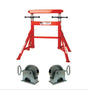 Mathey B&B Height Adjustable Four Leg Pipe Roller 4390 with stainless steel wheels, red frame—premium welding accessory.