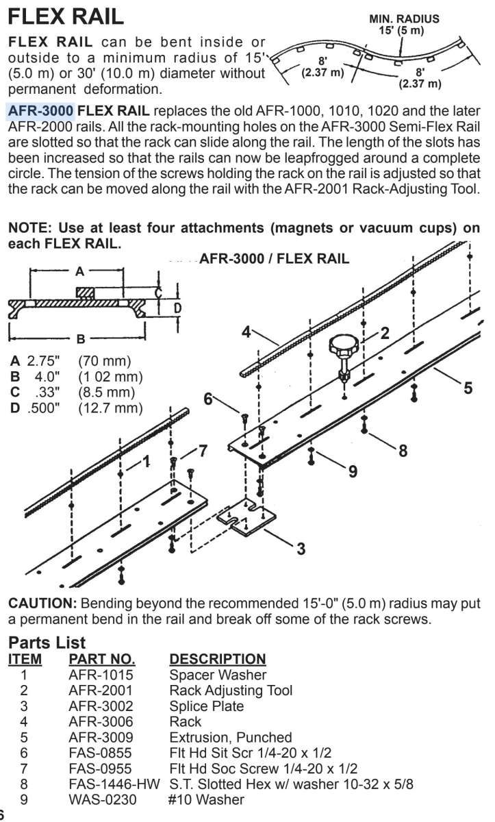 Bug-O SEMI-FLEX RAIL AFR-3000 welding rail system with install guide, part numbers, tools, and accessories for curved welding displays.