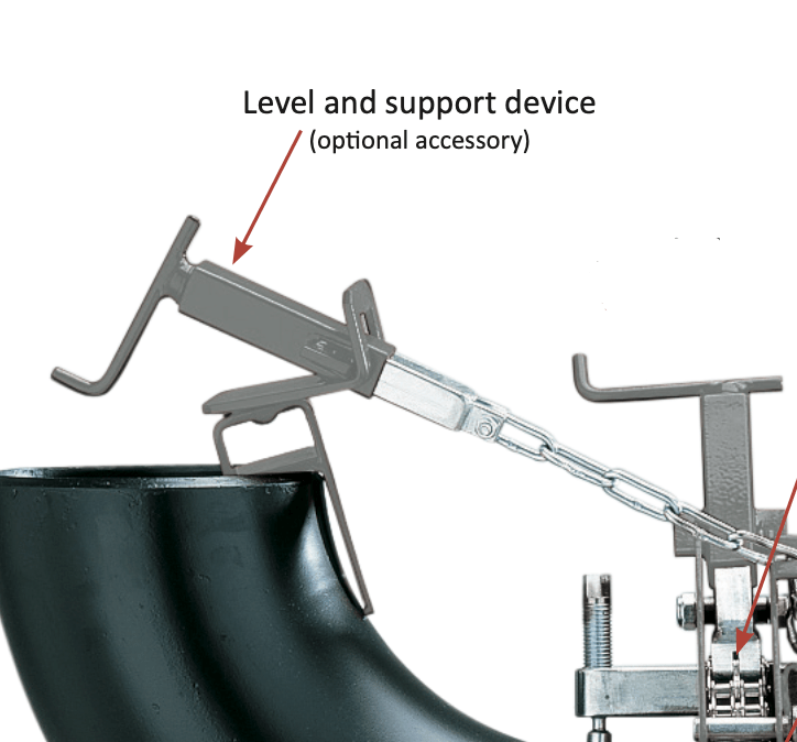 Close-up of a pipe joint featuring the Mathey Level and Support Device DA400S, a welding accessory, shown as an add-on.