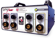The IWT LZ-4 Switch Box (1-IWT500056L) is a rectangular unit with four labeled connectors for welding guns, each with a round port, black knob, and yellow ring. It features a power button and displays the International Welding Technologies logo.