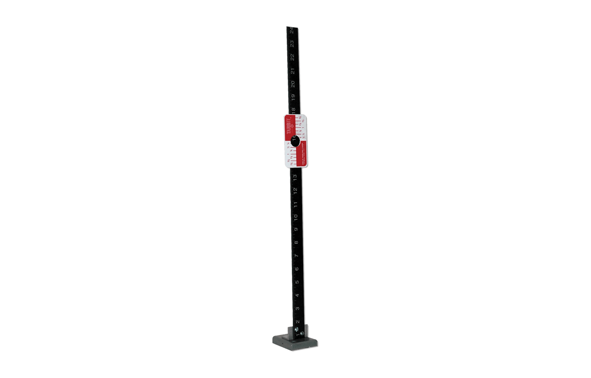 Bug-O TAR-GIT 24" Scale TAR-1100 measuring pole for welding, with white markings, slider, and sturdy base—precise weld setup.