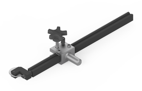 Bug-O OUTRIGGER SUPPORT UNI-1035 welding tool; precision metal part with toothed bar, knob, handle, wheel for weld setups.