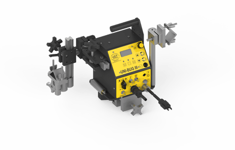 Bug-O UNI-BUG-III 1 Gun Weld 120VAC welder, yellow-black, with clamps, control knobs, and digital display for precision welding.