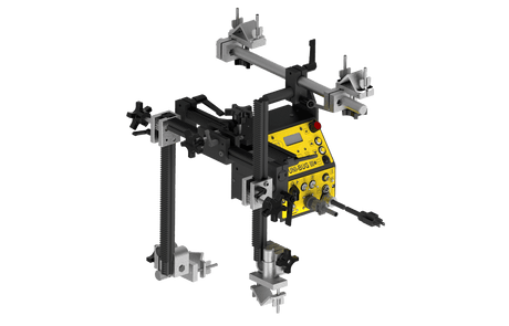 Bug-O UNI-BUG-III DUAL WELD 240 VAC welder with metal rods, clamps, gears, yellow control panel on black frame for precision welding.