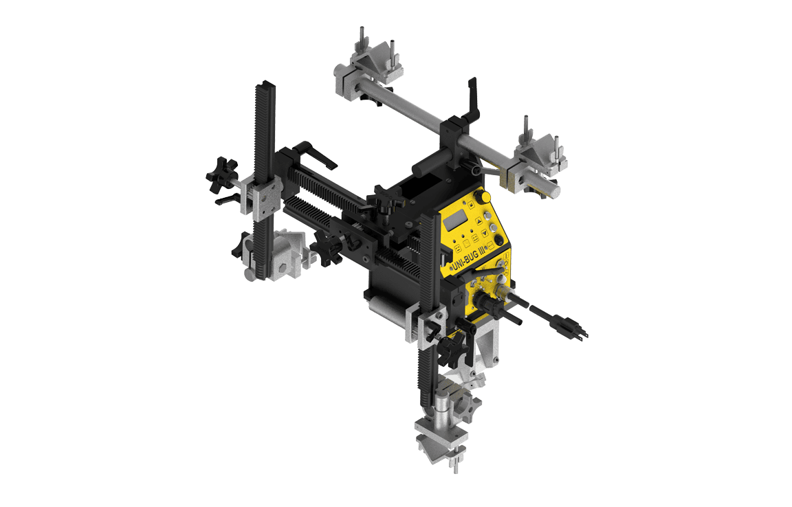 Bug-O UNI-BUG-III BULB 2 GUN 120 VAC welding tool with metal rods, clamps, display and buttons on white, at WeldingMart.