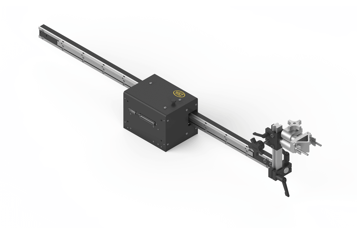 Bug-O LINEAR WEAVER 40" Arm WPD-1100-40 welding carriage, motorized, on rail with adjustable clamps for precise weld positioning.