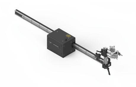 Bug-O LINEAR WEAVER 40" Arm WPD-1100-40 welding carriage, motorized, on rail with adjustable clamps for precise weld positioning.