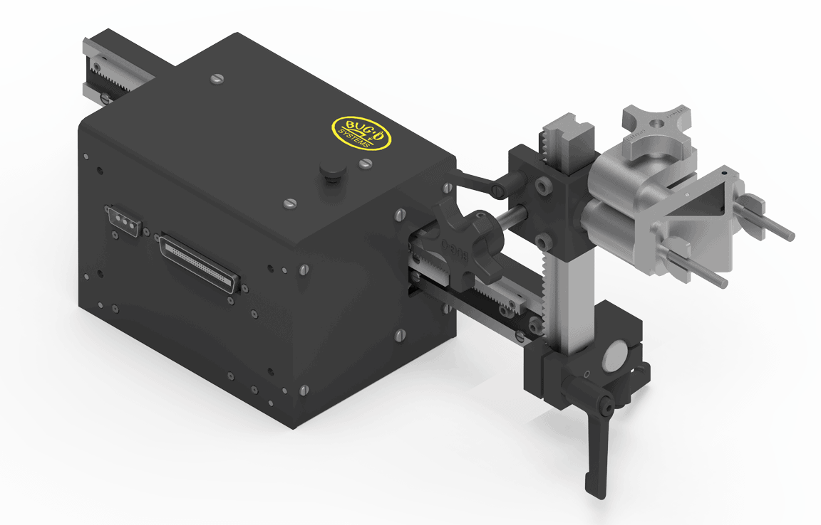 Bug-O LINEAR WEAVER WPD-1100 welding carriage with metal levers, gears, clamps, and yellow label, ideal for precise weld automation.