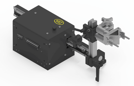 Bug-O LINEAR WEAVER WPD-1100 welding carriage with metal levers, gears, clamps, and yellow label, ideal for precise weld automation.