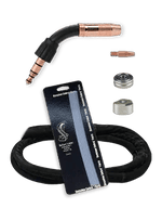 MK Products Python MK Compatible Push-Pull Welding Gun 50 ft kit with torch neck, contact tip, nozzle, liner, cable on white backdrop.