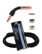 The MK Products Python Miller Compatible Push-Pull Gun (50ft, air-cooled, 225A, 10-Pin - 291-850) is shown with a copper welding nozzle, packaged wire spool, black hose, and three small metallic parts on a light background.
