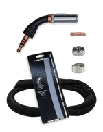 MK Products Python Miller Push-Pull Gun 25ft 400A with curved torch, nozzles, tip, and coil cover, welding accessories on white.