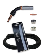 A welding torch accessory kit featuring a torch tip, hose, nozzle, connector, metal components, and a product information card—MK Compatible and ideal for water-cooled setups—all displayed on a white background.