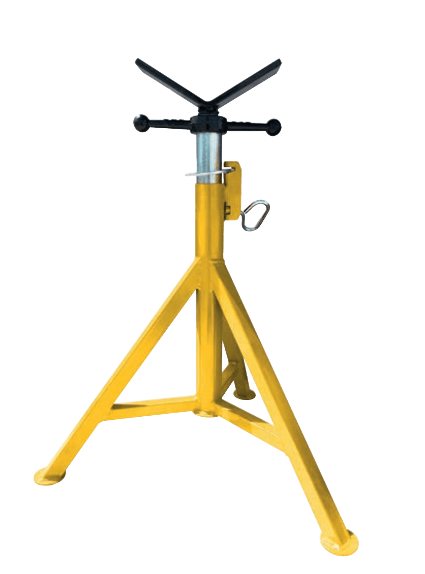 B&B Sumner Hi Pro-Jack 4100BTH pipe jack for welding, yellow heavy-duty frame, V-head, steel legs, adjustment screw.