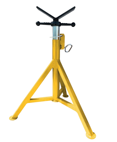 B&B Sumner Hi Pro-Jack 4100 yellow tripod welding jack stand with adjustable V-head, locking pin for pipe support and fabrication.