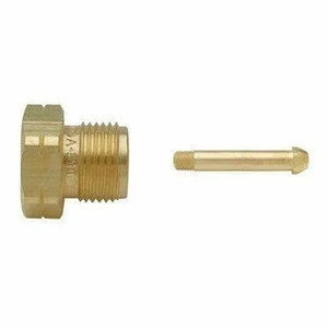 Brass hexagonal cap with external threading next to a separate, small brass rod with threading on one end, both placed on a white background.