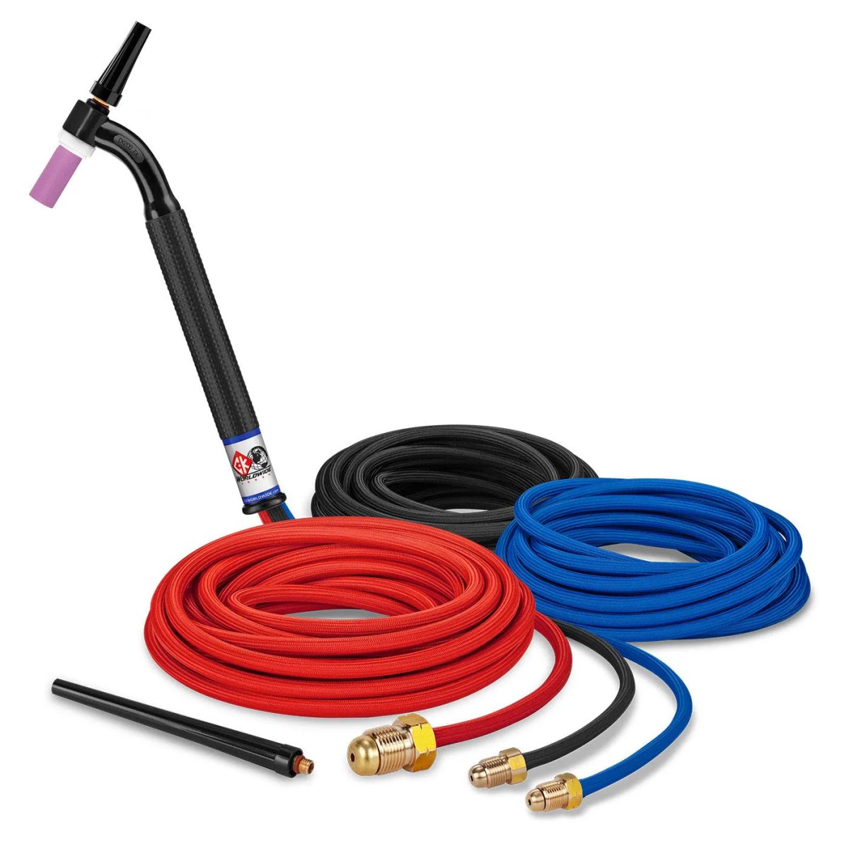 A 250 Amp water-cooled TIG torch kit with a black flex head torch handle, three colored cables (red, blue, and black), plus several brass fittings and connectors arranged on a white background.