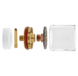 Exploded view of a mechanical assembly showing cylindrical glass and metal components, including a brass section with threads, a rubber gasket, and a toothed metal disk—ideal for TIG torch setups or Large Diameter Gas Saver applications.