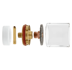 Exploded view of a mechanical assembly showing cylindrical glass and metal components, including a brass section with threads, a rubber gasket, and a toothed metal disk—ideal for TIG torch setups or Large Diameter Gas Saver applications.