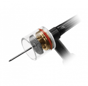 A close-up view of a modern tattoo machine featuring a transparent casing, visible internal components, and a black ergonomic handle—reminiscent of the precision engineering found in TIG torch or titanium welding tools.