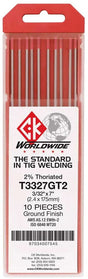 A red plastic case holds 10 CK Worldwide Tungsten .040 2% thoriated rods (T0407Gt2), each red-tipped, 7 long, ground finish. The label displays technical specs and barcode for easy identification.