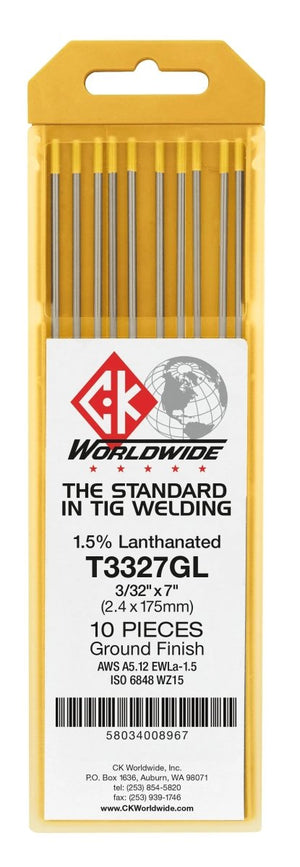 A yellow plastic pack contains ten 7-inch CK Worldwide 1/16 1.5% lanthanated tungsten electrodes (T1167Gl) with gray tips. The white label displays specs, “The Standard in TIG Welding,” and a barcode at the bottom.