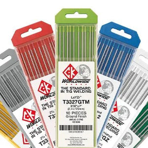 Five color-coded packs of CK Worldwide Tungsten 1/16 2% Lanthanated electrodes (T1167Gl2) are fanned out. Each clear pack displays rods for precision welding, labeled with size, type, and quantity.