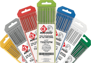 Seven packs of CK Worldwide - Tungsten 1/16 Layzr (T1167Gtm) are fanned out, each with a distinct colored top—red, gray, gold, green, blue, black, and orange—and clear labels showing 1/16 LaYZr Tungsten welding electrodes.