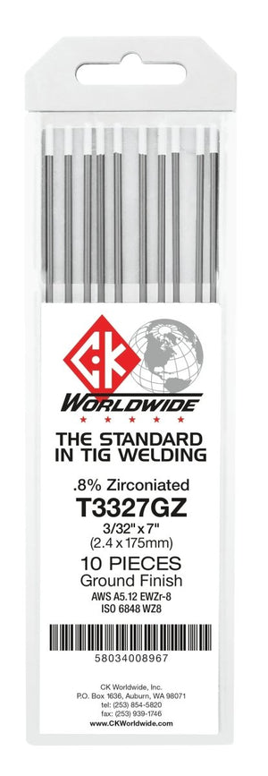 A clear plastic case holds ten silver welding rods with gray tips. The label says: CK Worldwide - Tungsten 1/8\ .8% Zirconiated, T182Gz—ideal for aluminum welding, 10 pieces with ground finish.
