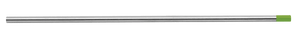 A straight, matte silver CK Worldwide Tungsten 1/8 Layzr (T187Gtm-3) shown horizontally on a light gray background, featuring a green silicone tip that recalls the high-quality TIG welding accessories of CK Worldwide.