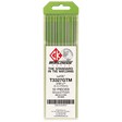 A vertical pack of 10 CK Worldwide Tungsten 1/8 Layzr (T187Gtm) electrodes is shown. The green-tipped rods label lists size, finish, and standards, with a barcode below—highlighting their top-quality for TIG welding.