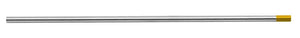 A CK Worldwide Tungsten 1/8 x 7 rod (T187Gl-3) with a smooth, silver surface and a solid yellow tip indicates its 1.5% lanthanated composition—ideal for TIG welding.