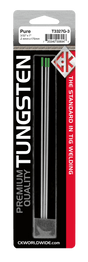 A package labeled CK Worldwide - Tungsten 1/8 X 7 Pure - T187G-3 contains three silver tungsten rods with green tips for AC TIG welding. The CK Worldwide logo and “The Standard in TIG Welding” appear on the right, with specs at the top.