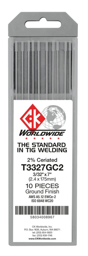 A gray plastic case holds 10 CK Worldwide T5327Gc2 5/32 x 7 tungsten electrodes, 2% ceriated for TIG welding, ground finish. The label includes certification codes and a barcode.