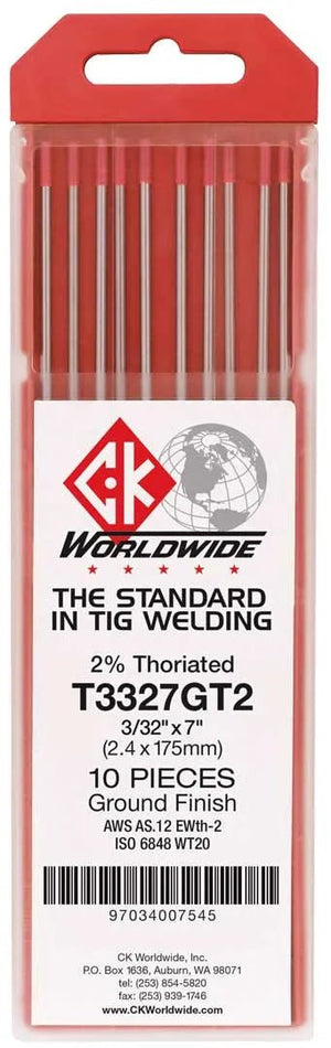 A red plastic case holds 10 CK Worldwide Tungsten 5/32 2% Thoriated electrodes (T5327Gt2), each red-tipped with a ground finish. The label displays technical info and a barcode at the bottom.