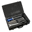 The CK Worldwide Tungsten Electrode Grinder TS10-230 comes in a black hard case with foam lining, organizing the grinder, blue and black handle, long power cord, metal wrenches, and rods in separate compartments.