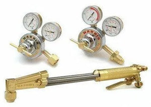 CUTTER PAC OXY-ALL MODEL 6225E-300 brass cutting torch with dual-gauge gas regulators—welding tool set on white background.